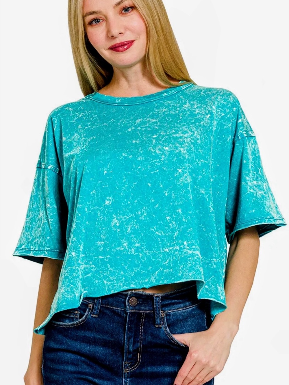 Zenana’s Mineral Wash Teal Short Sleeve Crop Top - Women